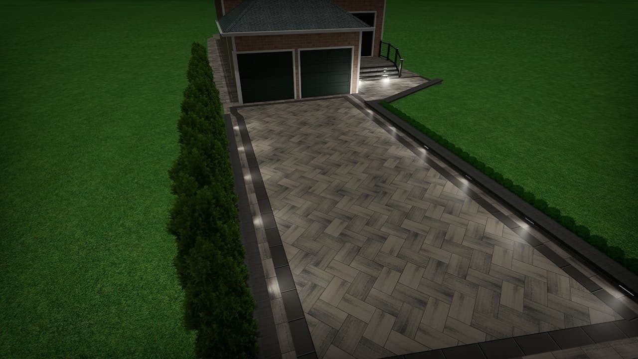 3D design render of a herringbone interlocking driveway with border and lighting